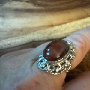 Elegant Silver Tone and Brown Gemstone Ring